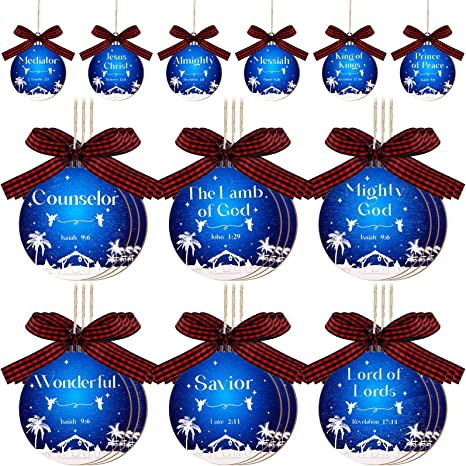 24 Pieces Names of Jesus Christ Ornaments Christmas Wood Hanging Ornaments with Savior Names Wood Ornament for Christmas Tree Decoration (Blue and White, Round Style)