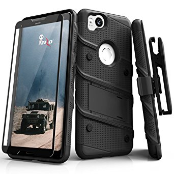 Zizo Bolt Series Google Pixel 2 Case - Tempered Glass Screen Protector with Holster and 12ft Military Grade Drop Tested (Black & Black)