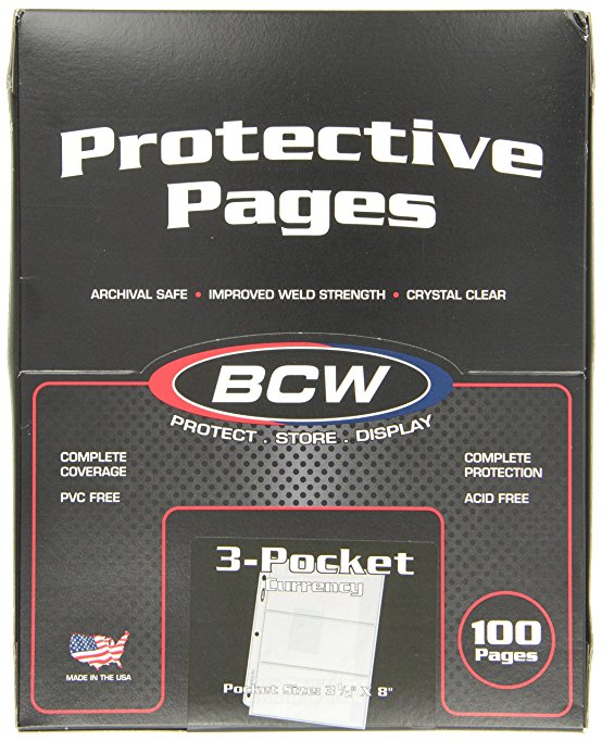 100 BCW 3-Pocket Currency Size Binder Pages