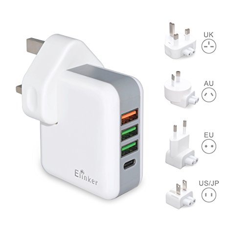 USB Charger Plug Elinker®4-Ports International Travel Charger Adapter with UK EU US AU International Plug Quick Charge 3.0 Tech Type C for MacBook Wall Charger for Apple iPhone ,iPad, Samsung Galaxy, Smartphone, Tablet, Power Bank (CE Certificated)
