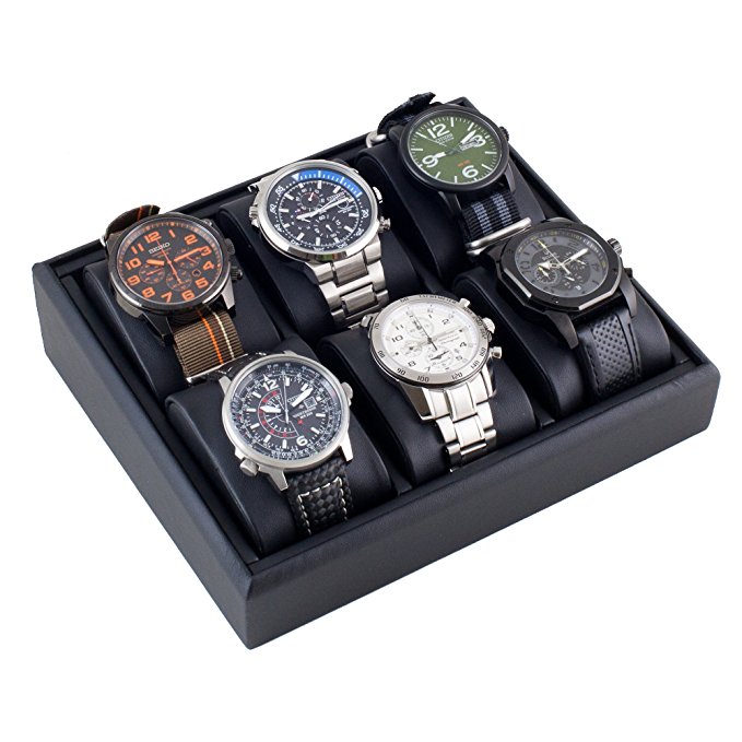 Caddy Bay Collection Black Watch Box Angled Display Tray Watch Case for 6 Watches