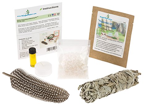 -:- Home Cleansing & Blessing Kit ™ -:- Includes Fresh California 5" White Sage Smudge Stick   7" Smudging Feather   Blessed Anointing Oil   Tea Light Candle   Coarse Grain Sea Salt