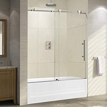 WoodbridgeBath Frameless Sliding Shower, 56"-60" Width, 62" Height, 3/8" (10mm) Clear Tempered Glass, Brushed Nickel Finish, Designed for Smooth Door Closing and Opening. MBSDC6062-B, C Series W x H