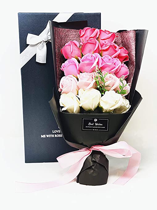Soap Rose Artificial Flowers Box,18pcs Soap Rose Flower Bouquet for Anniversary, Weddings, Birthdays, Valentine's Day, for Her Women Teens Girls Mom (Pink & Hot Pink)