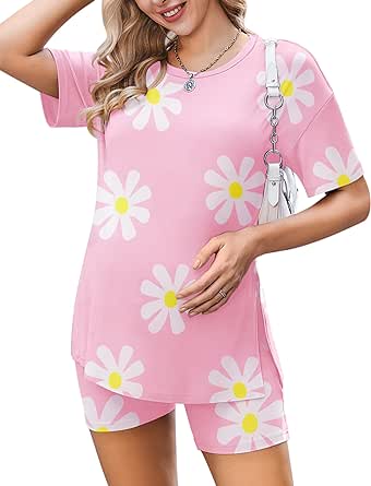 Ekouaer Women's Maternity Pajamas Sets 2 Piece Outfits Short Sleeve Shirts and Biker Shorts Pregnancy Loungewear Mama Clothes