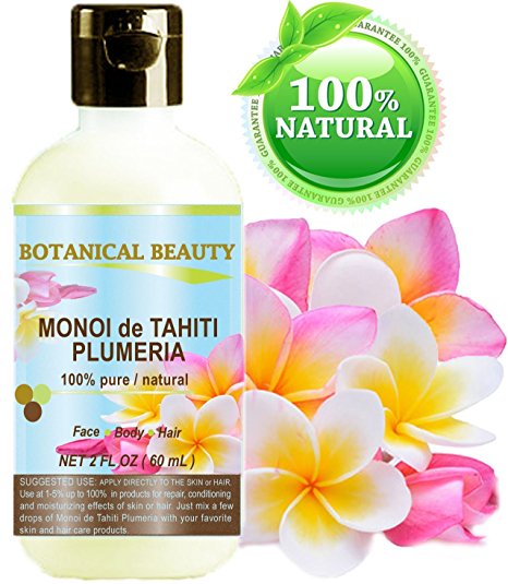 MONOI de TAHITI PLUMERIA OIL 100 % Natural / 100% PURE BOTANICALS. 2 Fl.oz.- 60 ml. For Skin, Hair and Nail Care.