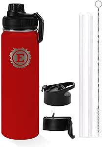 Sports Water Bottle - 3 Lids - Straw, Flip top & Chug Lid with handle - Leak Proof Stainless Steel Insulated - Great for Gym, Hiking & Travel (18oz Rosy Red)