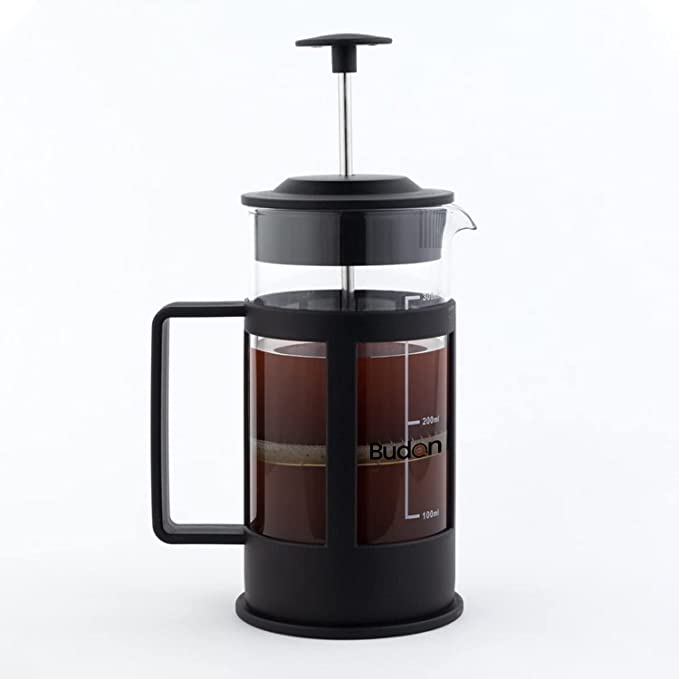 Budan French Press Coffee Brewer and Tea Maker 350ml with 4 Level Filtration System, Heat Resistant Borosilicate Glass with level marking, Clear Glass.