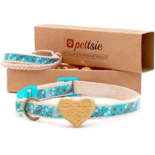 Pettsie Breakaway Safety Cat Collar Heart with Quick Release and Friendship Bracelet for You, Natural and Soft 100% Cotton for Extra Comfort, Strong and Durable, Easy Adjustable Size 8-11 Inch