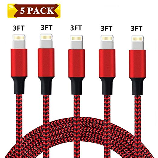 iPhone Charger, MFi Certified Lightning Cable, 5 Pack 3 FT Extra Long Nylon Braided USB Charging&Syncing Cord Compatible with iPhone Xs/XR/XS Max/X/7/7Plus/8/8Plus/6S/6S Plus/5/5C More Red&Black