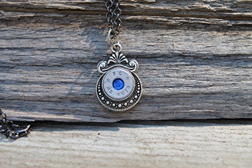 45 Auto Sapphire Crystal Antique Silver Pendant Necklace with Gunmetal Black 24 Inch Chain