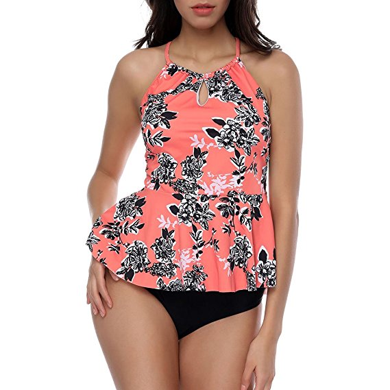SELUXU Women Two Pieces Tankini Sets Banded Floral Printed Bathing Suit Halter Swimsuit