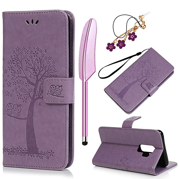 Galaxy S9 Plus Case, Galaxy S9  Case, Premium PU Leather Wallet Purse Owl Tree Embossed Pattern TPU Inner Wrist Strap Credit Card Holders Flip Folio Stand Cover for Samsung Galaxy S9 Plus, Purple