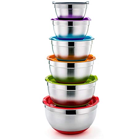 P&P CHEF Mixing Bowls With Lids, Set of 6 (12 Piece), Stainless Steel Nesting Mixing Bowls & Tight Fitting Lids & Non-Slip Silicone Bottom, 6 Multi Size (1/1.5/2.5/3/4/5qt)