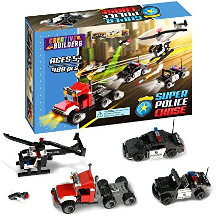 Creative Builders, Super Police Chase, Includes Police Car, Police Helicopter, Police Jeep, Flying Drone, and Criminal Semi Truck, Lego Compatible