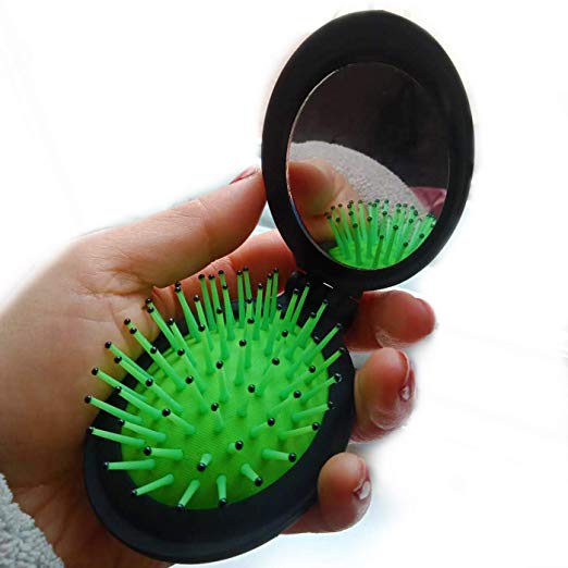 Travel Makeup Hair Brushes for Women Mirror Mini Folding Hair Brush Gifts Pocket Wet Magic Round Hair Comb(green)