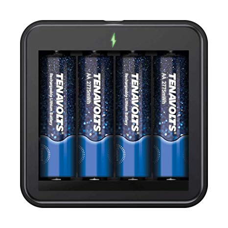 TENAVOLTS Rechargeable Lithium/Li-ion Batteries, AA rechargeable batteries, Micro USB Charger included, Constant Output at 1.5V, Quick Charge less than 2 hours, 2775 mWh electrical core power- 4 Count
