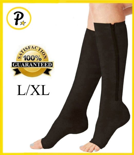 NEW Open Toe Knee Length Zipper Up Compression Hosiery Calf Leg Support Stocking (L/XL, Black)