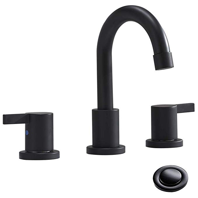 Phiestina Three-Hole Low-Arch Two-Handle Widespread Bathroom Faucets with Valve And Metal Pop-Up Drain Assembly,Matte Black,WF15-1-MB