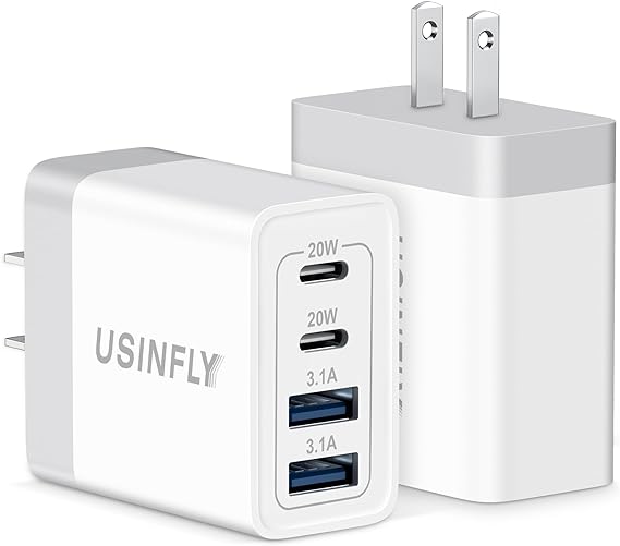 [2 Pack] USB C Wall Charger, USINFLY 40W 4-Port Charger Block   Type C PD Power Adapter, Double Fast Plug Charging Block for iPhone 15 14 13 12 11 Pro Max XS X 8 Plus, iPad, Samsung, Pixel, LG, Watch