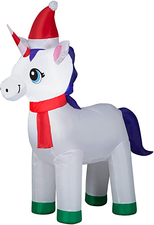 Gemmy Holiday Time Unicorn with Santa Hat and Red Scarf Inflatable, Lights Up, 3.5 Feet Tall