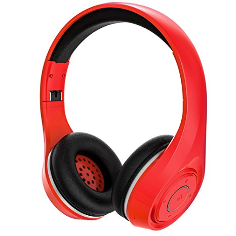 Bluetooth Headphones Over Ear, Hi-Fi Stereo Wireless Headset with Microphone, Foldable, Soft Memory-Protein Earmuffs, Wired Mode for PC/ Cell Phones/ TV (Red)