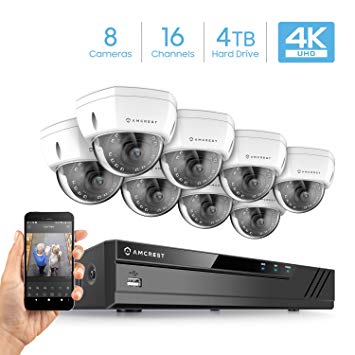 Amcrest 16CH 4K Security Camera System w/ 4K (8MP) NVR, (8) x 4K (8-Megapixel) IP67 Weatherproof Dome POE IP Cameras (3840x2160), 2.8mm Wide Angle Lens, Pre-Installed 4TB HDD, 98ft Nightvision (White)