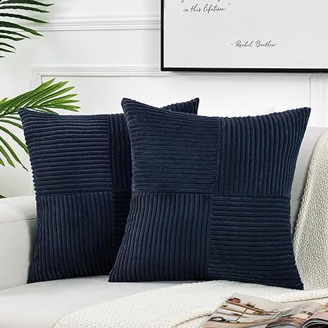 Fancy Homi 2 Packs Navy Blue Decorative Throw Pillow Covers 22x22 Inch for Living Room Couch Bed Sofa, Rustic Farmhouse Boho Home Decor, Soft Corss Corduroy Patchwork Accent Cushion Case 55x55 cm