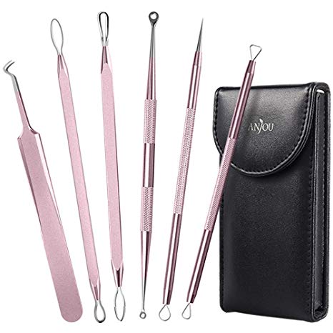 Anjou Blackhead Remover Kit Tool 6-in-1 Curved Tweezers Comedone Extractor Pimple Acne Whitehead Removal Antibacterial with Ergonomic Design (Rose Gold)