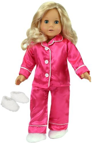 Sophia's 18 Inch Doll Clothes Outfit, Hot Pink Satin Doll Pj's with White Slippers, Doll Pajamas Set Fits American Girl Dolls, Doll Clothing for 18 inch dolls