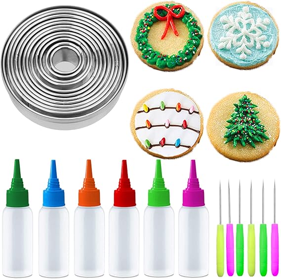 Artcome Christmas Series Cookie Decorating Tool Set, 11 Pcs Circle Cookie Cutters, 6 Pcs Easy Squeeze Write Bottles and 6 Pcs Sugar Stir Needles for DIY Decorating Cookies and Cakes