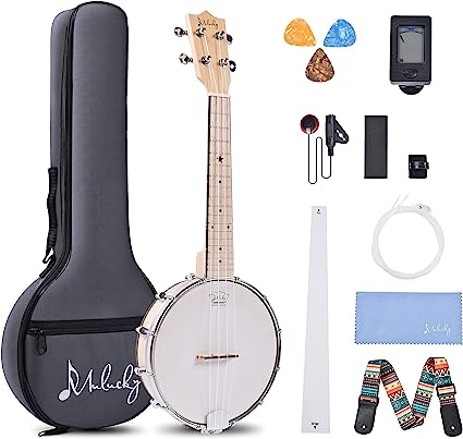 Mulucky Banjolele 4 String Banjo Ukulele Concert Size 23 Inch, Closed Solid Wood Back, Beginner Kit with Truss Rod Gig Bag Tuner String Strap Picks - MBU-807