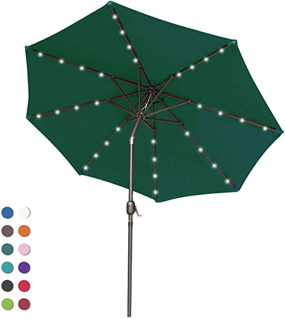 ABCCANOPY Patio Umbrella Ourdoor Solar Umbrella LED Umbrellas with 32LED Lights, Tilt and Crank Table Umbrellas for Garden, Deck, Backyard and Pool,12 Colors, (Forest Green)