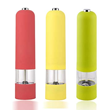 Automatic Salt and Pepper Mill, (Set of 3), Grinder, and Shaker Set. Rubber Coated - Electric - Battery-operated with High Quality Grinding Mechanism