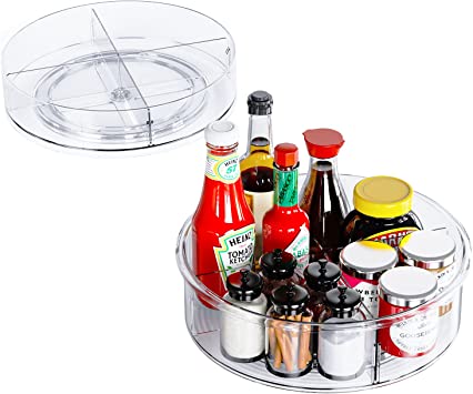 Ohuhu Lazy Susan Cabinet Organizer 2 Pack, 10.4"&12" Round Plastic Kitchen Spice Organizer with 2 Division Plate, Non-Skid Rotating Storage Container for Cabinet, Pantry, Fridge, Vanity, Bathroom