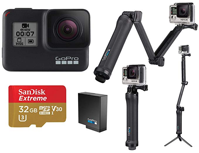 GoPro HERO7 Black - Bundle with 3-in-1 Mount, Extra Rechargeable Battery, and 32GB Card