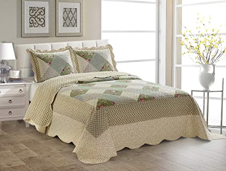 Better Home Style Multicolors Sage Green Pink Flowers Floral Patchwork Design Luxury Lush Soft Flowers Printed Design Quilt Coverlet Bedspread Oversized Bed Cover Set # Catch G (Full/Queen)