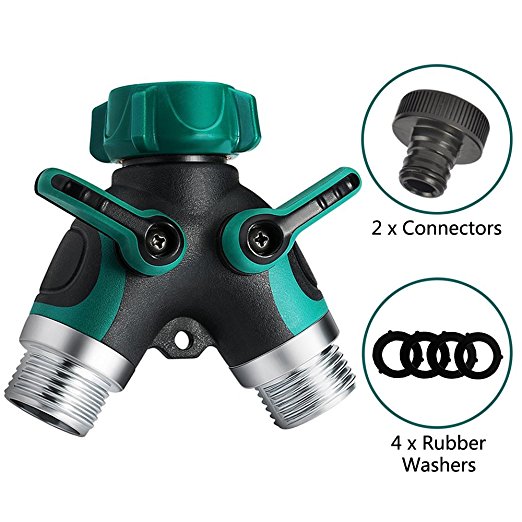 Calish 2 Way Garden Hose Splitter, Outdoor Utility Y Valve Hose Connector, Comfortable Rubberized Grip Faucet Adapter with 4 Rubber Washers and 2 Connectors