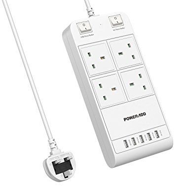 Poweradd Extension Lead 4 Way Outlets 5 USB Ports Power Strip Individual Switch with 3500J Surge Protector Power Socket, UK Plug Adaptor for TV, Computer, Tablet, iPhone, Samsung Galaxy and More(White, 1.8M)