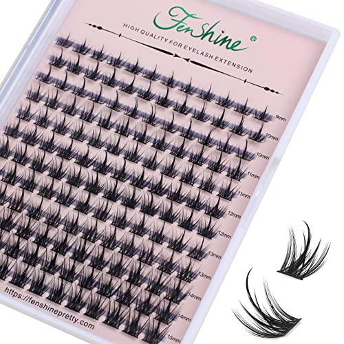 Fenshine Cluster Lashes, 144Pcs Individual Lashes Wide Stem D Curl Mix 9-15mm Length, Spire Wheat DIY Eyelash Extension Individual Soft False Lashes for Personal Use at Home