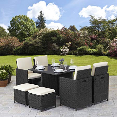 Rattan Cube Garden Furniture Set 8 seater outdoor wicker 9pcs (Black)