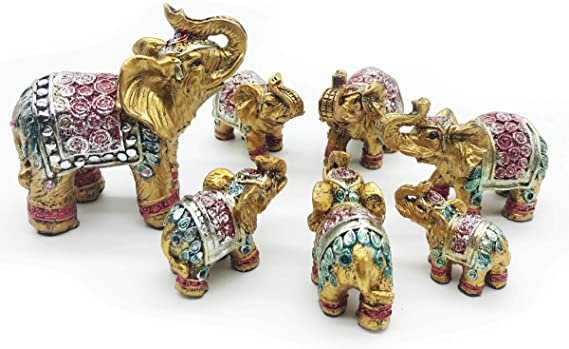 Mose Cafolo Feng Shui Set of 7 pcs ~ Vintage Golden Indian Elephant Family Statues Wealth Lucky Figurines Home Decor Housewarming Congratulatory Gift