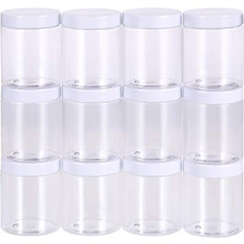 Empty 12 Pack Clear Plastic Slime Storage Favor Jars Wide-Mouth Plastic Containers with Lids for Beauty Products, DIY Slime Making or Others (10 oz, White)