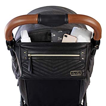 Itzy Ritzy Adjustable Stroller Caddy - Stroller Organizer Featuring Two Built-in Pockets, Front Zippered Pocket & Adjustable Straps to Fit Nearly Any Stroller, Black with Gold Hardware