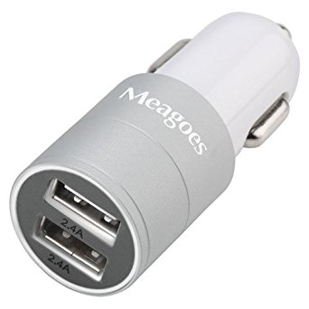 Meagoes Fast USB Car Charger Adapter (4.8A / 24W), with Dual Smart Ports for Apple Iphone 6s/6s Plus/6/6 Plus/5s/5c/5/4s/4, Ipad, Ipod, Samsung Galaxy S6 Edge/S6/S5/S4/Note 4, and More [Silver]