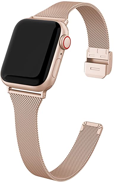 SWEES Compatible with iWatch 38mm 40mm 42mm 44mm, Stainless Steel Metal Narrow Small Soft Thin Replacement Compatible for iWatch Series 5/4/3/2/1 Women Men, Black, Champagne, Silver, Rose Gold