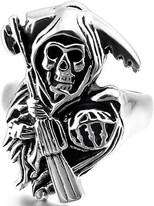 INBLUE Men's Stainless Steel Ring Band Silver Tone Black Death Grim Reaper Skull Casted