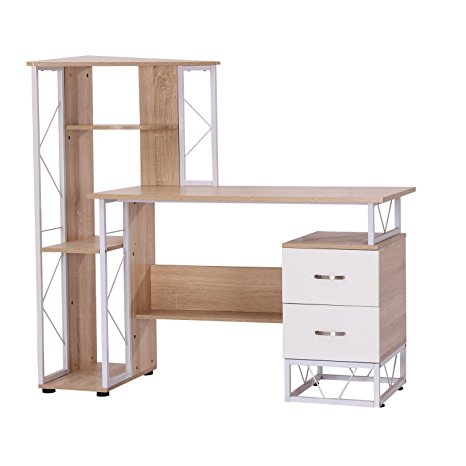 HomCom 52'' Multi Level Tower Office Workstation Computer Desk ✔White and Oak