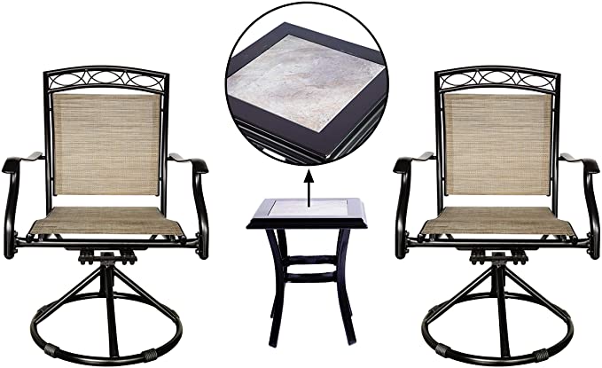 LUCKYBERRY 3 PC Swivel Chair Set Patio Bistro Set with 2 Chairs and 1 Table with Tile top, Brown