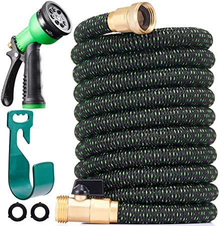 150 ft Expandable Garden Hose - All New 2020 Retractable Water Hose with 3/4" Solid Brass Fittings, Extra Strength Fabric - Heavy Duty Flexible Expanding Hose with 8 Pattern Spray Nozzle & Hose Holder